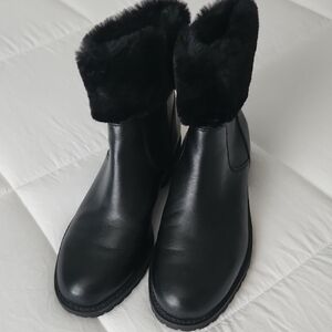 Lands' End Black Ankle Boots with Fur Trim